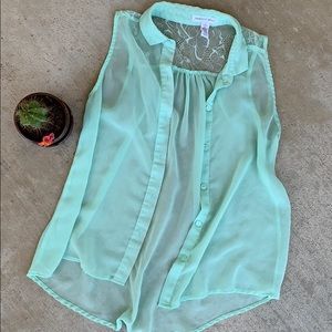 Aqua Collared Tank Top with Lace Accent